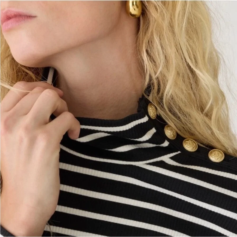 J. Crew Vintage Rib Turtleneck with Buttons BT676 Lisbon Stripe 16 XL